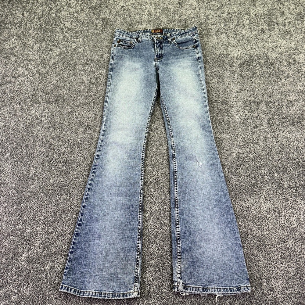 L.e.i. Jeans Juniors 7 Blue Flare Stretch Medium Wash Denim Distressed Pockets